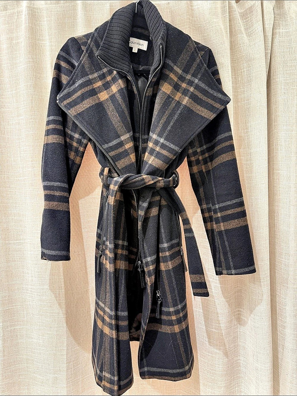 Calvin Klein Plaid Wool Blend Belted Wrap Coat with Ribbed Collar Black & Brown